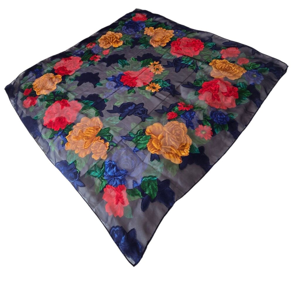 Bill Blass Basha Ladies Scarf Wrap Floral Colorful Flowy Summer Vtg Square 33"